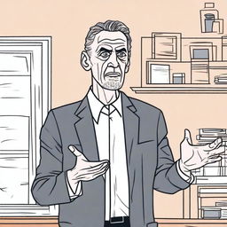 An animated depiction of Jordan Peterson with a serious expression, gesturing passionately and insisting on the importance of tidying your room