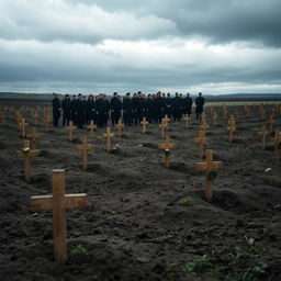 A somber scene depicting mass burials, set in a vast, open field under a cloudy sky