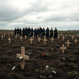 A somber scene depicting mass burials, set in a vast, open field under a cloudy sky