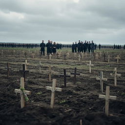 A somber scene depicting mass burials, set in a vast, open field under a cloudy sky