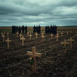 A somber scene depicting mass burials, set in a vast, open field under a cloudy sky