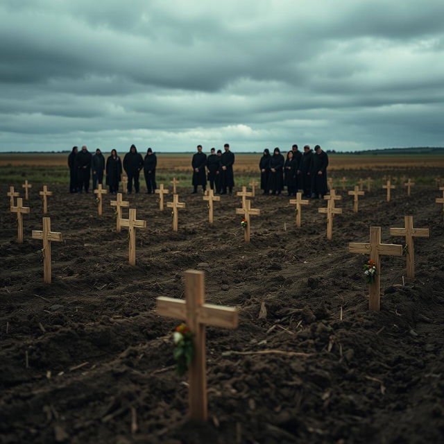 A somber scene depicting mass burials, set in a vast, open field under a cloudy sky