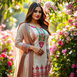 A voluptuous Pakistani woman gracefully wearing a traditional shalwar kameez, showcasing intricate embroidery and vibrant colors
