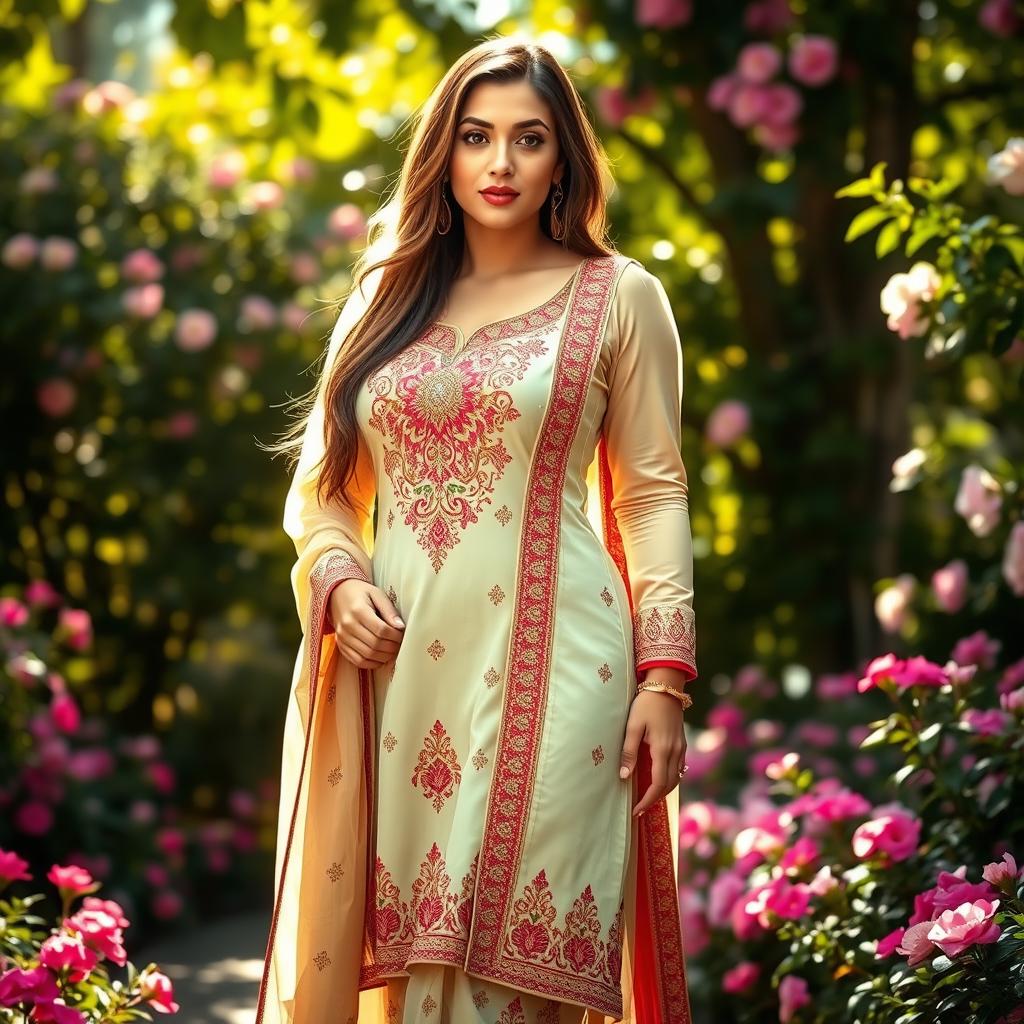 A voluptuous Pakistani woman gracefully wearing a traditional shalwar kameez, showcasing intricate embroidery and vibrant colors