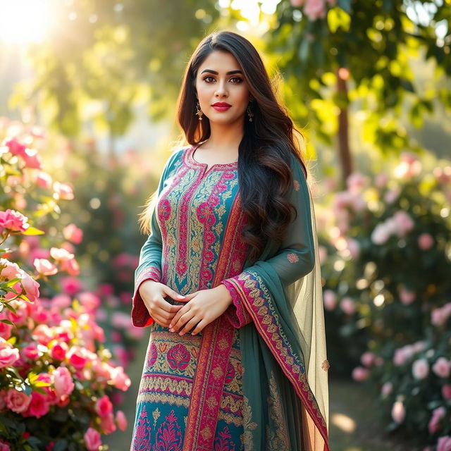 A voluptuous Pakistani woman gracefully wearing a traditional shalwar kameez, showcasing intricate embroidery and vibrant colors