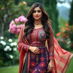 A voluptuous Pakistani woman wearing a beautifully designed shalwar kameez, embellished with intricate patterns and vibrant colors