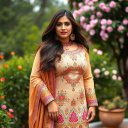 A voluptuous Pakistani woman wearing a beautifully designed shalwar kameez, embellished with intricate patterns and vibrant colors