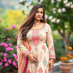 A voluptuous Pakistani woman wearing a beautifully designed shalwar kameez, embellished with intricate patterns and vibrant colors