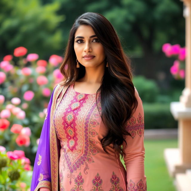 A voluptuous Pakistani woman wearing a beautifully designed shalwar kameez, embellished with intricate patterns and vibrant colors