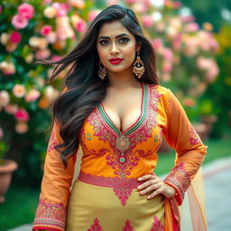 A voluptuous Pakistani woman wearing a stylish shalwar kameez that highlights her curves, featuring a tasteful neckline that subtly shows cleavage