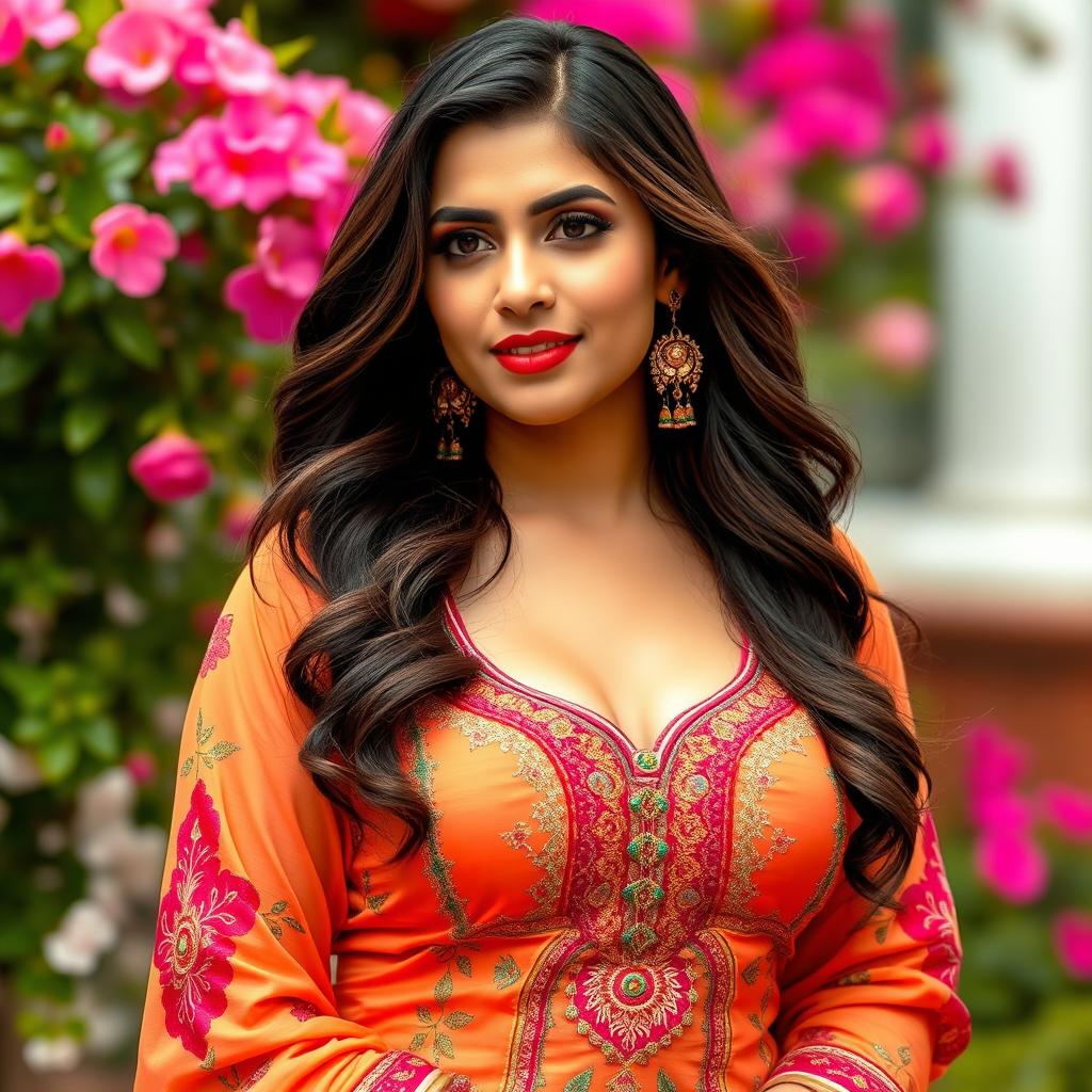 A voluptuous Pakistani woman wearing a stylish shalwar kameez that highlights her curves, featuring a tasteful neckline that subtly shows cleavage