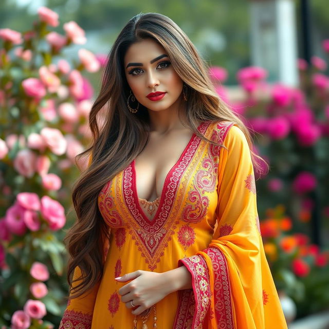 A voluptuous Pakistani woman wearing a stylish shalwar kameez that highlights her curves, featuring a tasteful neckline that subtly shows cleavage