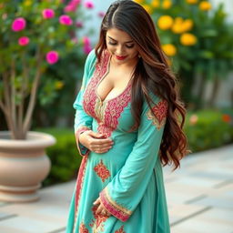 A voluptuous and busty Pakistani woman wearing a stylish shalwar kameez that highlights her curves, bending down in a confident pose