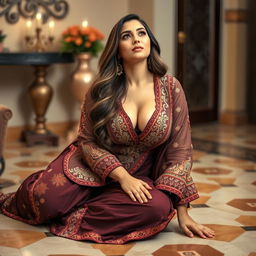 A voluptuous and busty Pakistani woman wearing a stylish shalwar kameez that accentuates her curves, showing tasteful cleavage