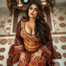 A voluptuous and busty Pakistani woman wearing a stylish shalwar kameez that accentuates her curves, showing tasteful cleavage