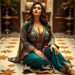 A voluptuous and busty Pakistani woman wearing a stylish shalwar kameez that accentuates her curves, showing tasteful cleavage
