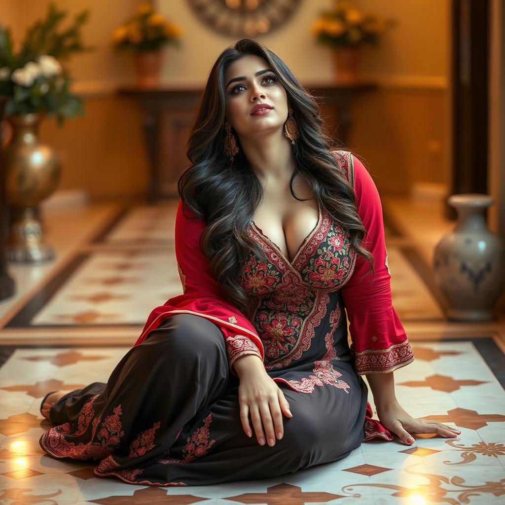 A voluptuous and busty Pakistani woman wearing a stylish shalwar kameez that accentuates her curves, showing tasteful cleavage