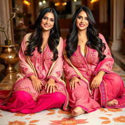 Two voluptuous and busty Pakistani women wearing stylish shalwar kameez outfits that highlight their curves while tastefully showing cleavage