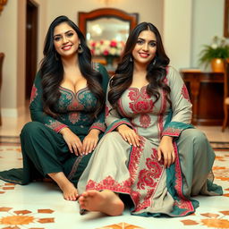 Two voluptuous and busty Pakistani women wearing stylish shalwar kameez outfits that highlight their curves while tastefully showing cleavage
