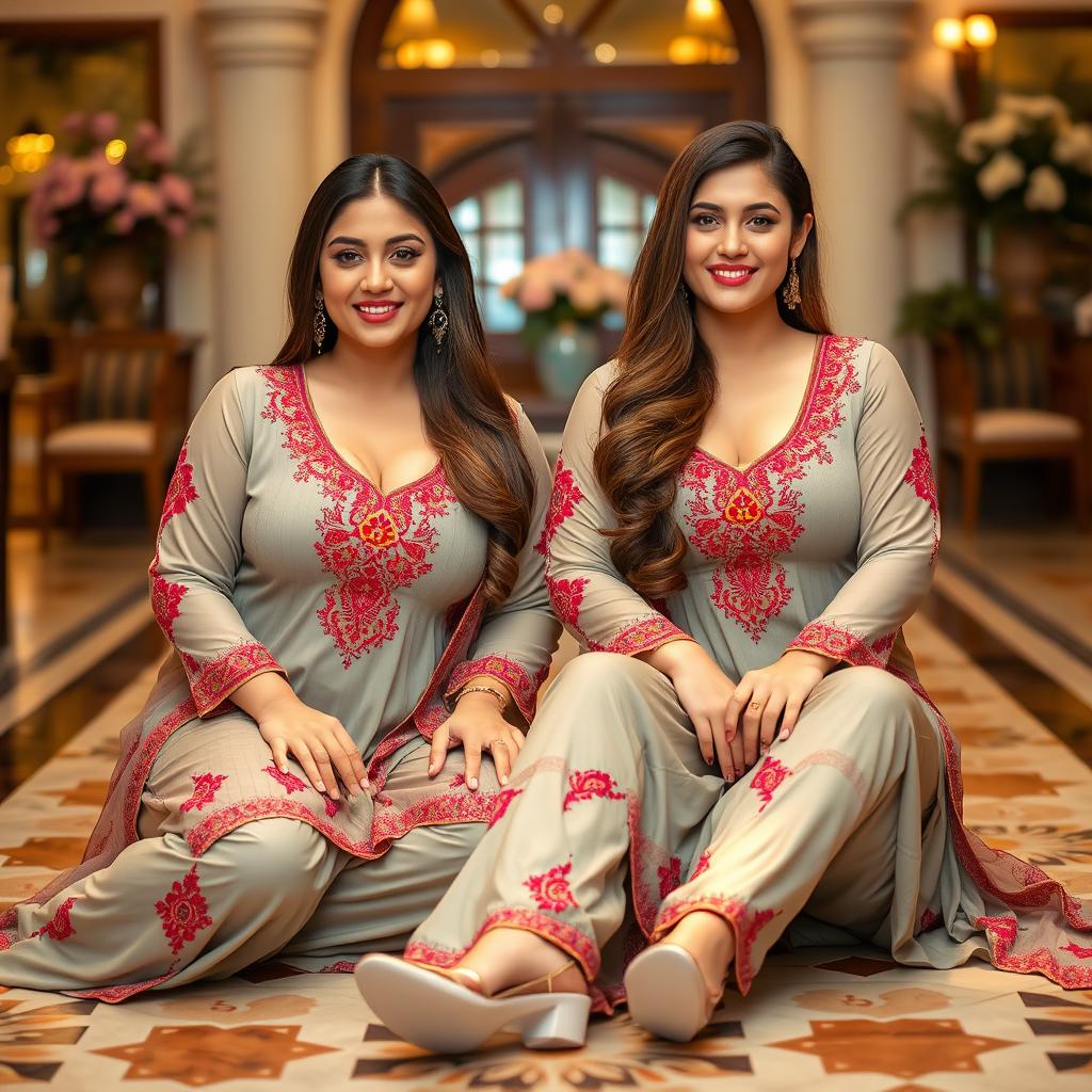 Two voluptuous and busty Pakistani women wearing stylish shalwar kameez outfits that highlight their curves while tastefully showing cleavage