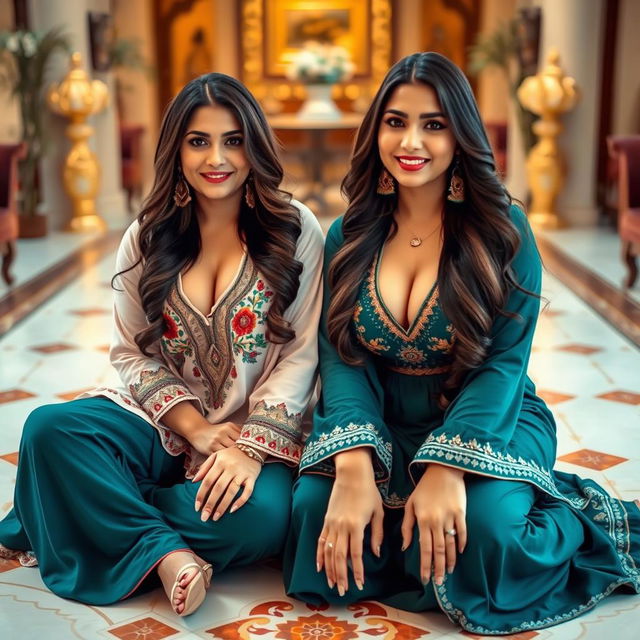 Two voluptuous and busty Pakistani women wearing stylish shalwar kameez outfits that highlight their curves while tastefully showing cleavage