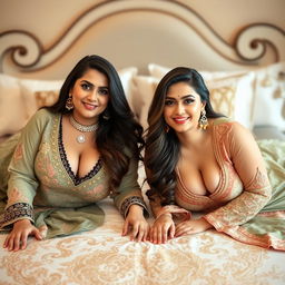 Two voluptuous and busty Pakistani women wearing elegant shalwar kameez outfits that showcase their curves and tasteful cleavage, lying on their stomachs on a beautifully adorned bed