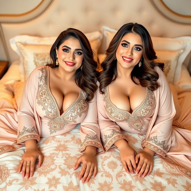 Two voluptuous and busty Pakistani women wearing elegant shalwar kameez outfits that showcase their curves and tasteful cleavage, lying on their stomachs on a beautifully adorned bed