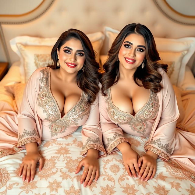 Two voluptuous and busty Pakistani women wearing elegant shalwar kameez outfits that showcase their curves and tasteful cleavage, lying on their stomachs on a beautifully adorned bed