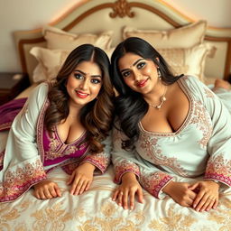 Two voluptuous and busty Pakistani women wearing elegant shalwar kameez outfits that showcase their curves and tasteful cleavage, lying on their stomachs on a beautifully adorned bed