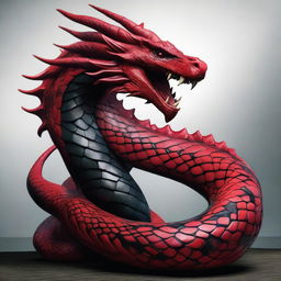 Re-imagine the massive, detailed serpent with a dragon head featuring bold, dominating colours of red and black, enhancing the fantasy aura