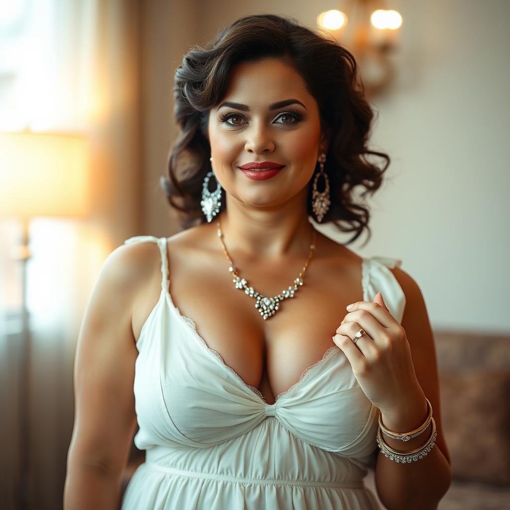 A voluptuous and busty Polish woman standing gracefully in a charming babydoll frock that tastefully showcases her cleavage