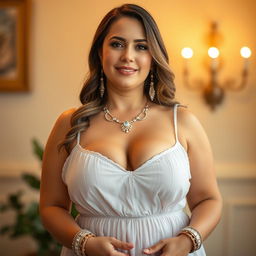 A voluptuous and busty Polish woman standing gracefully in a charming babydoll frock that tastefully showcases her cleavage
