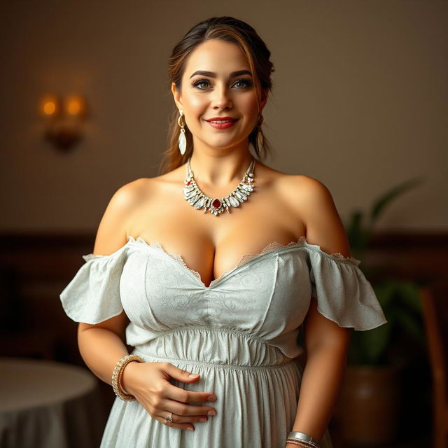 A voluptuous and busty Polish woman standing gracefully in a charming babydoll frock that tastefully showcases her cleavage