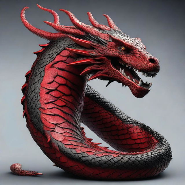 Re-imagine the massive, detailed serpent with a dragon head featuring bold, dominating colours of red and black, enhancing the fantasy aura