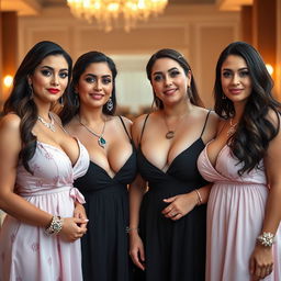 Four voluptuous and busty 25-year-old Polish women standing together in beautiful babydoll frocks that tastefully showcase their cleavage