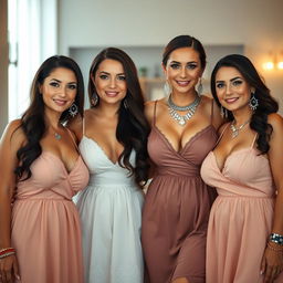 Four voluptuous and busty 25-year-old Polish women standing together in beautiful babydoll frocks that tastefully showcase their cleavage