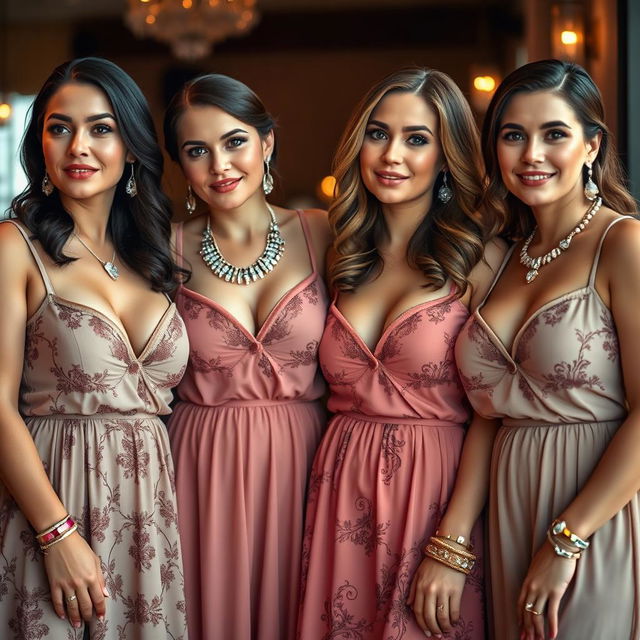 Four voluptuous and busty 25-year-old Polish women standing together in beautiful babydoll frocks that tastefully showcase their cleavage