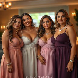 Four voluptuous and busty 25-year-old Polish women standing together in beautiful babydoll frocks that tastefully showcase their cleavage