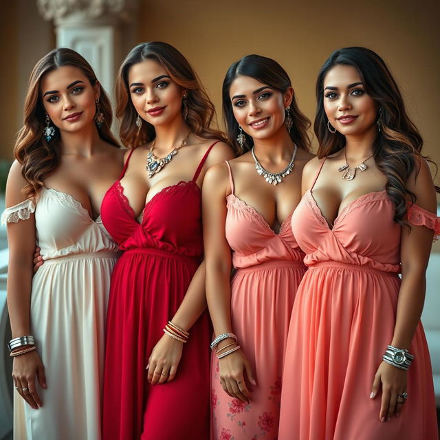 Four voluptuous and busty 25-year-old Greek women standing together in lovely babydoll frocks that tastefully showcase their cleavage