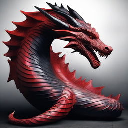 Re-imagine the massive, detailed serpent with a dragon head featuring bold, dominating colours of red and black, enhancing the fantasy aura