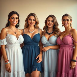 Four voluptuous and busty 25-year-old Greek women standing together in lovely babydoll frocks that tastefully showcase their cleavage