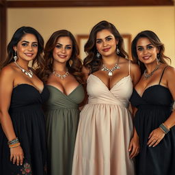 Four voluptuous and busty 25-year-old Greek women standing together in lovely babydoll frocks that tastefully showcase their cleavage