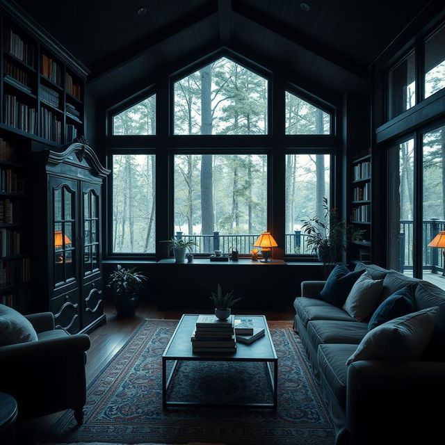 A cozy living room designed with a dark, moody atmosphere featuring an elegant cabinet, wall-to-ceiling bookshelves filled with books, and large windows that provide a stunning view of the surrounding woods