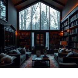 A cozy living room designed with a dark, moody atmosphere featuring an elegant cabinet, wall-to-ceiling bookshelves filled with books, and large windows that provide a stunning view of the surrounding woods