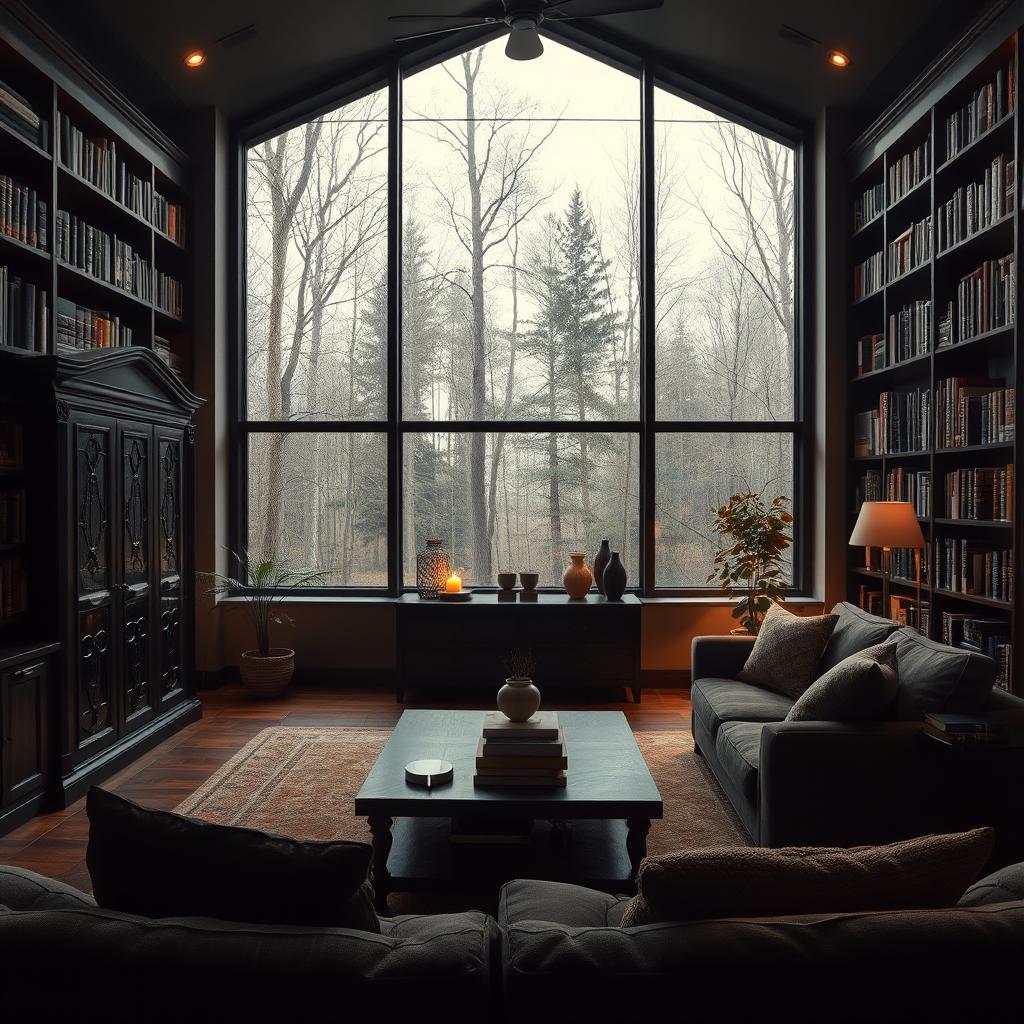 A cozy living room designed with a dark, moody atmosphere featuring an elegant cabinet, wall-to-ceiling bookshelves filled with books, and large windows that provide a stunning view of the surrounding woods