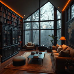 A cozy living room designed with a dark, moody atmosphere featuring an elegant cabinet, wall-to-ceiling bookshelves filled with books, and large windows that provide a stunning view of the surrounding woods