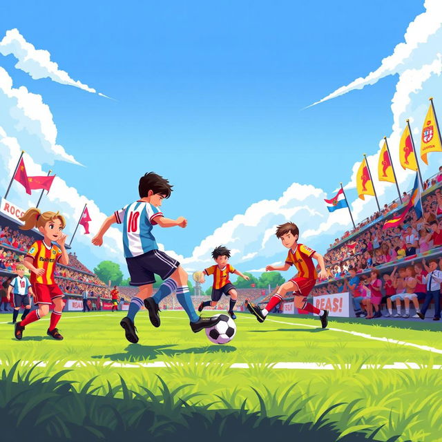 A vibrant and detailed pixel art scene depicting a soccer match in progress, showcasing players in colorful uniforms vying for the ball on a grassy field