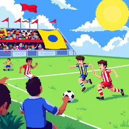A vibrant and detailed pixel art scene depicting a soccer match in progress, showcasing players in colorful uniforms vying for the ball on a grassy field