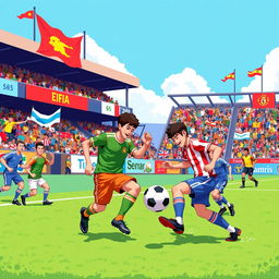 A vibrant and detailed pixel art scene depicting a soccer match in progress, showcasing players in colorful uniforms vying for the ball on a grassy field