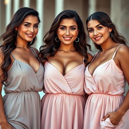 Three voluptuous and busty 25-year-old Italian women standing together in stylish short babydoll frocks that tastefully showcase their cleavage